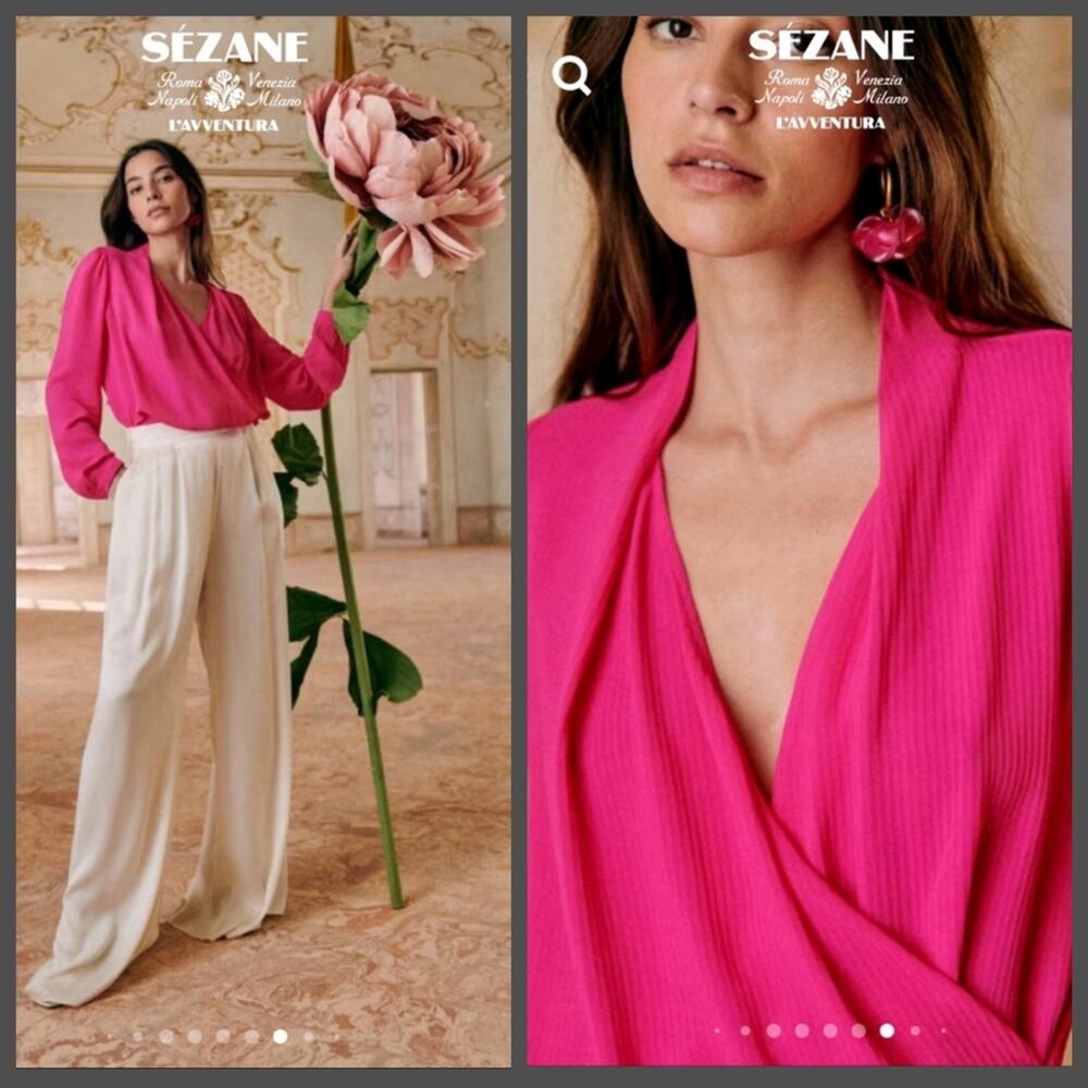 NEW Sezane Abelia Top Size 8 FR 40 Faux Wrap Rose Pink Romantic Coquette